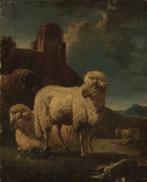 Rams with ruins in the background by Philipp Peter Roos Oil Painting
