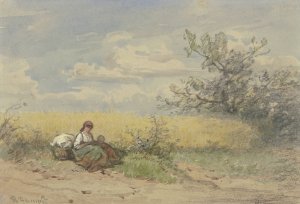 Bauerin mit Kind vor einem reifen Kornfeld ruhend by Philipp Rumpf Oil Painting