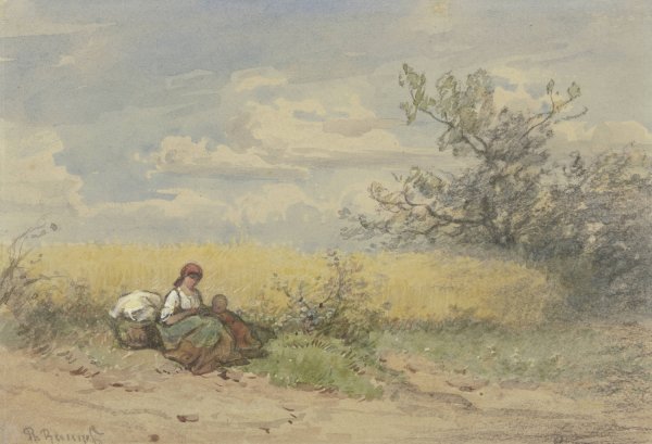 Bauerin mit Kind vor einem reifen Kornfeld ruhend by Philipp Rumpf - Hand-Painted Oil Painting Reproduction