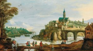 Landscape with a town on a river by Philippe De Momper I Oil Painting