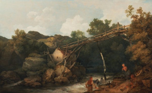 A View near Matlock, Derbyshire with Figures Working beneath a Wooden Conveyor  by Philippe-Jacques De Loutherbourg - Hand-Painted Oil Painting Reproduction