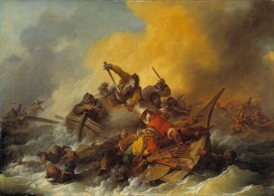 Battle at Sea between Soldiers and Oriental Pirates by Philippe-Jacques De Loutherbourg Oil Painting