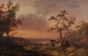 Landscape with Cattle and Peasant by Philippe-Jacques De Loutherbourg Oil Painting