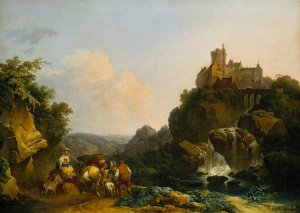 Landscape with Waterfall, Castle and Peasants by Philippe-Jacques De Loutherbourg Oil Painting