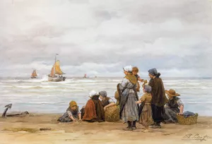 The Departure of the Fishing Fleet by Philippe Lodowyck Jacob Sadee Oil Painting