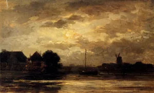 View Of The Spaarne, Haarlem, By Moonlight by Philippe Lodowyck Jacob Sadee - Oil Painting Reproduction