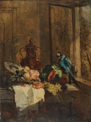 Nature morte et perroquet pres d'une fenetre ouverte by Philippe Rousseau Oil Painting
