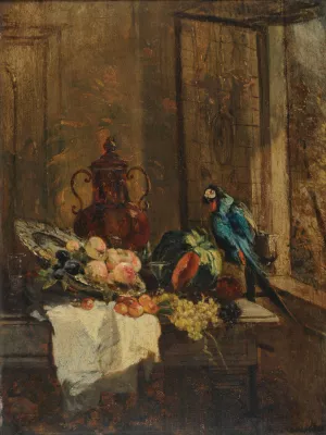 Nature morte et perroquet pres d'une fenetre ouverte by Philippe Rousseau Oil Painting