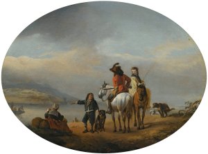 A Lady And A Gentleman On Horseback Being Shown To An Approaching Ferry By A Young Page by Philips Wouwerman Oil Painting
