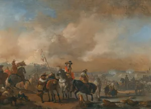 Cavalry On The Move, A Fortification Under Siege Beyond by Philips Wouwerman Oil Painting
