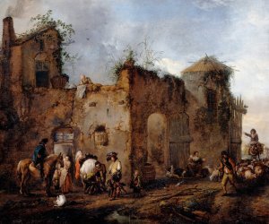 Courtyard with a Farrier shoeing a Horse by Philips Wouwerman Oil Painting