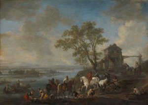 Horsepond on a River by Philips Wouwerman Oil Painting