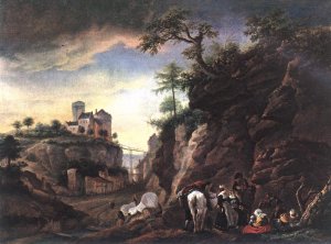 Rocky Landscape with Resting Travellers by Philips Wouwerman Oil Painting