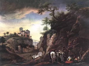 Rocky Landscape with Resting Travellers painting by Philips Wouwerman