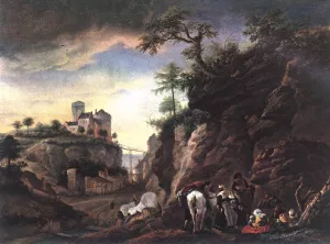 Rocky Landscape with Resting Travellers Oil painting by Philips Wouwerman