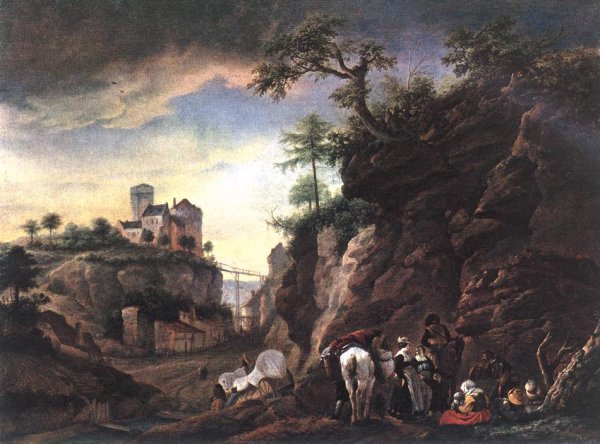 Main Product Photo of Rocky Landscape with Resting Travellers Painting by Philips Wouwerman