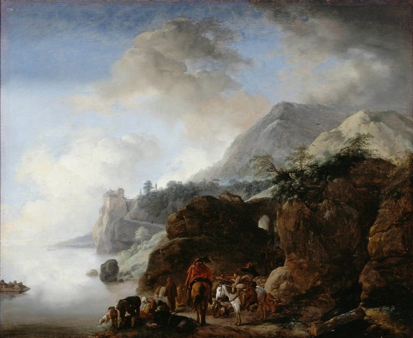 Main Product Photo of Travelers Awaiting a Ferry  Painting by Philips Wouwerman