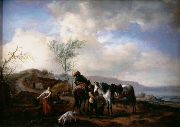 Main Product Photo of Two Horsemen near a Fountain Painting by Philips Wouwerman