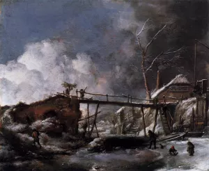 Winter Landscape with Wooden Bridge by Philips Wouwerman - Oil Painting Reproduction