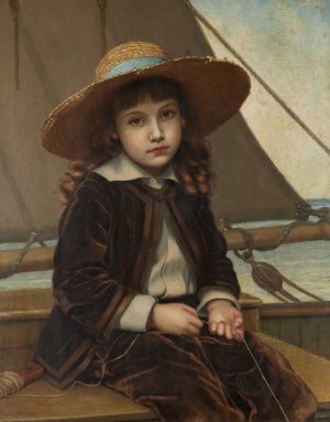 Child in Straw Hat and Velvet Suit Fishing by Phoebe A. Jenks Oil Painting