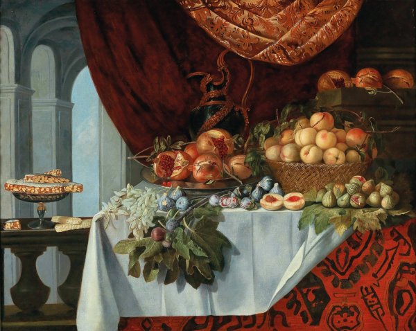 Main Product Photo of Pomegranates on a dish, peaches in a basket, figs and plums and grapes on a table Painting by Pier Francesco Cittadini