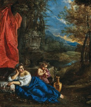 Flora and the Infant Bacchus in a wooded landscape by Pier Francesco Mola Oil Painting