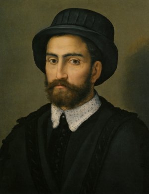 Portrait of a man Bust Length Wearing a Black Coat and Hat Oil painting by Pierfrancesco Di Jacopo Foschi