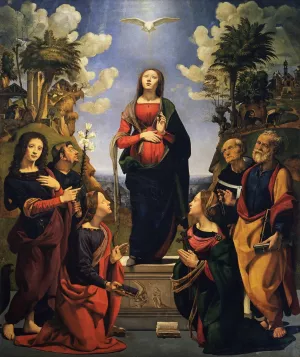 The incarnation of Jesus and the saints Philip Benizi, John the Evangelist, Catherine of Alexandria, Margaret, Peter and Antoninus Pierozzi by Piero Di Cosimo Oil Painting