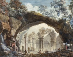 Architectural Fantasy - Ruins of a Circular Temple Seen through a Natural Arch by Pierre-Adrien Paris Oil Painting