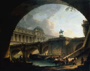 Caprice architectural; un palais inspire du Louvre et le Pont-Neuf s'encadrant dans l'arche d'un pont by Pierre-Antoine Demachy Oil Painting
