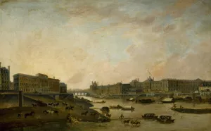 L'Hotel de la Monnaie et le Louvre, vus du Pont-Neuf, vers 1800 by Pierre-Antoine Demachy Oil Painting