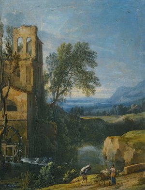 A River Landscape With A Watermill To The Left And Figures With A Donkey In The Foreground by Pierre Antoine Patel The Younger Oil Painting