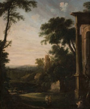 Landscape with architecture and staffage by Pierre Antoine Patel The Younger Oil Painting