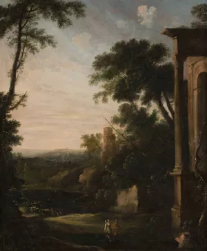 Landscape with architecture and staffage by Pierre Antoine Patel The Younger Oil Painting