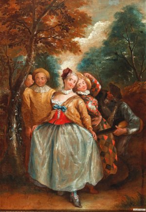 A Commedia Dell'Arte Scene With Columbina, Harlequin And Pierrot by Pierre Antoine Quillard Oil Painting