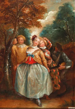 A Commedia Dell'Arte Scene With Columbina, Harlequin And Pierrot by Pierre Antoine Quillard Oil Painting