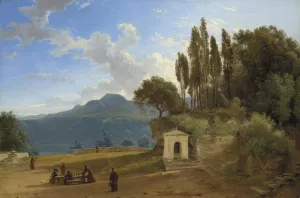 Monks Before Lake Nemi, Italy by Pierre-Athanase Chauvin Oil Painting
