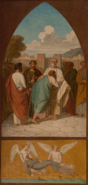 Le pape saint Clement envoyant des missionnaires dans les Gaules. Les Anges retirent de la mer le corps de saint Clement. by Pierre-Auguste Pichon Oil Painting