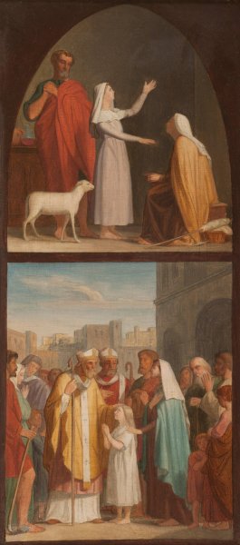 Sainte Genevieve guerit sa mere aveugle. Saint Germain d'Auxerre et saint Loup predisent aux parents de Sainte Genevieve la destinee de leur fille Oil painting by Pierre-Auguste Pichon