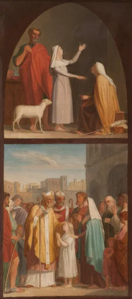 Sainte Genevieve guerit sa mere aveugle. Saint Germain d'Auxerre et saint Loup predisent aux parents de Sainte Genevieve la destinee de leur fille Oil painting by Pierre-Auguste Pichon
