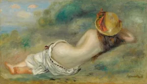 Baigneuse Allongee De Dos Avec Un Chapeau De Paille Or Femme Couchee Sur L'herbe by Pierre-Auguste Renoir Oil Painting