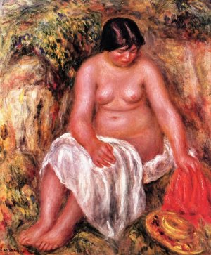 Bather in a Landscape also known as Nude with a Straw Hat by Pierre-Auguste Renoir Oil Painting