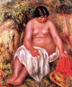 Bather in a Landscape also known as Nude with a Straw Hat by Pierre-Auguste Renoir Oil Painting