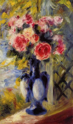 Bouquet of Roses in a Blue Vase by Pierre-Auguste Renoir - Oil Painting Reproduction