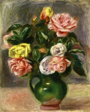 Bouquet of Roses in a Green Vase by Pierre-Auguste Renoir Oil Painting