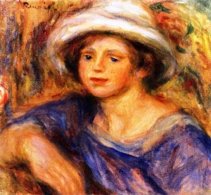 Bust of a Girls with White Hat by Pierre-Auguste Renoir Oil Painting