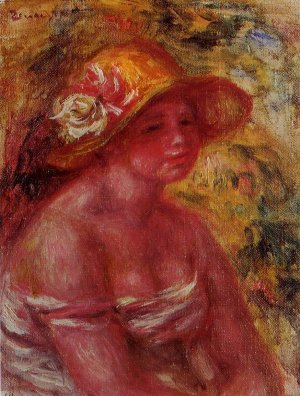 Bust of a Young Girl Wearing a Straw Hat Oil painting by Pierre-Auguste Renoir