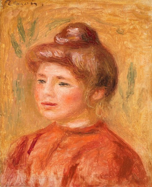 Bust of Woman in Red  by Pierre-Auguste Renoir - Hand-Painted Oil Painting Reproduction