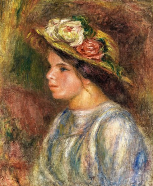 Buste De Femme, Chapeau De Paille Garni  by Pierre-Auguste Renoir - Hand-Painted Oil Painting Reproduction