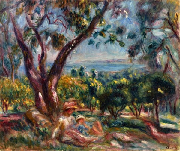 Main Product Photo of Cagnes Landscape with Woman and Child Painting by Pierre-Auguste Renoir